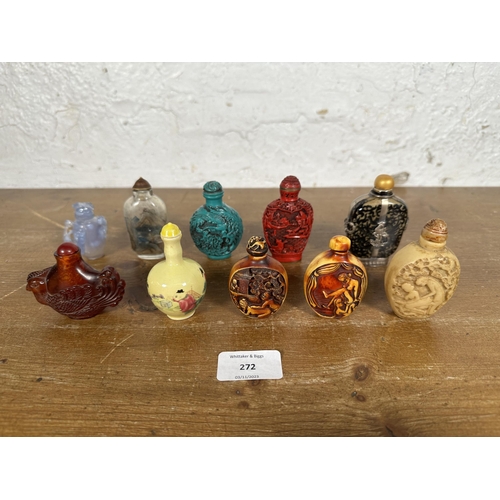 272 - Ten Oriental scent bottles to include carved red cinnabar, reverse glass painted, erotic etc.