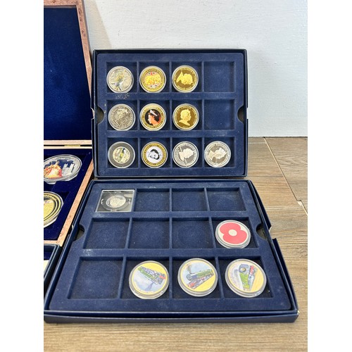 2381 - Six cased collections of gold plated and silver plated collectable coins with two 92.5% silver proof... 