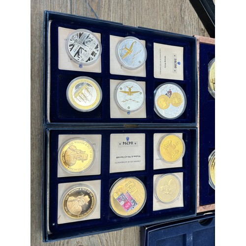 2381 - Six cased collections of gold plated and silver plated collectable coins with two 92.5% silver proof... 