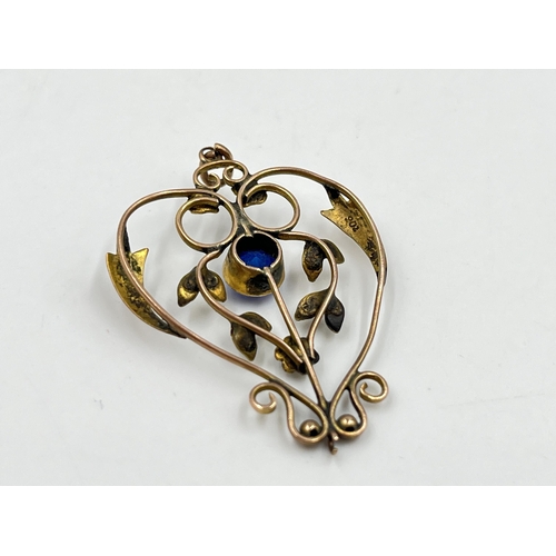 2156 - An Art Nouveau 9ct gold blue paste and seed pearl lavalier pendant - approx. gross weight 2.5g