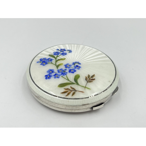 2276 - A Turner & Simpson hallmarked Birmingham silver and guilloche enamel compact mirror with floral desi... 