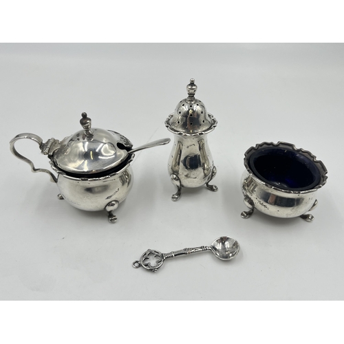 2277 - An Adie Brothers Ltd hallmarked Birmingham silver three piece cruet set, dated 1922 and two .925 sil... 