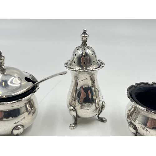 2277 - An Adie Brothers Ltd hallmarked Birmingham silver three piece cruet set, dated 1922 and two .925 sil... 