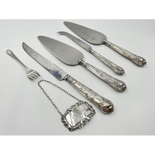 2278 - Six pieces of hallmarked sterling silver, four pieces of silver handled cutlery, one London silver d... 