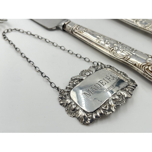 2278 - Six pieces of hallmarked sterling silver, four pieces of silver handled cutlery, one London silver d... 