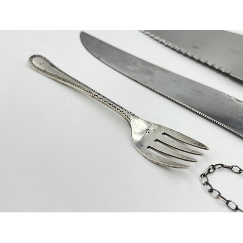 2278 - Six pieces of hallmarked sterling silver, four pieces of silver handled cutlery, one London silver d... 