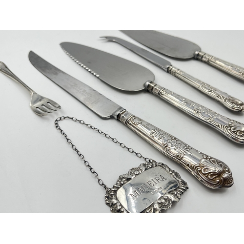 2278 - Six pieces of hallmarked sterling silver, four pieces of silver handled cutlery, one London silver d... 