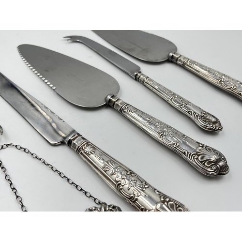 2278 - Six pieces of hallmarked sterling silver, four pieces of silver handled cutlery, one London silver d... 