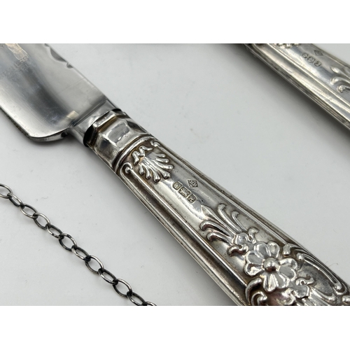 2278 - Six pieces of hallmarked sterling silver, four pieces of silver handled cutlery, one London silver d... 