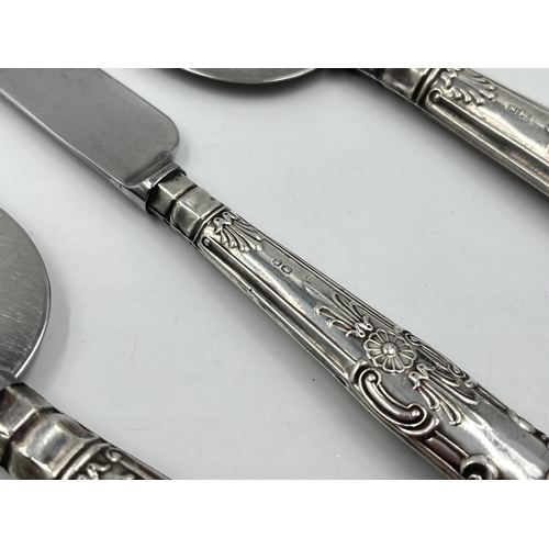 2278 - Six pieces of hallmarked sterling silver, four pieces of silver handled cutlery, one London silver d... 