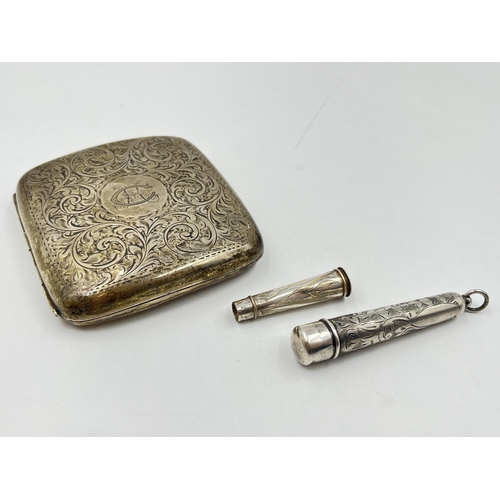 2280 - Three pieces of hallmarked Birmingham silver, two cheroot holders and one George V Constantine & Flo... 