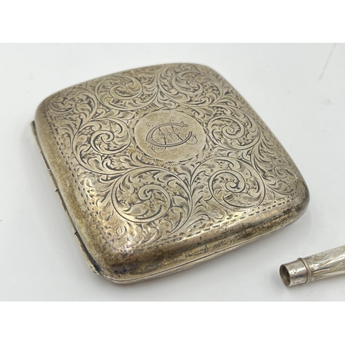 2280 - Three pieces of hallmarked Birmingham silver, two cheroot holders and one George V Constantine & Flo... 