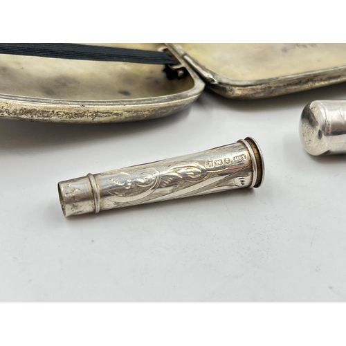 2280 - Three pieces of hallmarked Birmingham silver, two cheroot holders and one George V Constantine & Flo... 