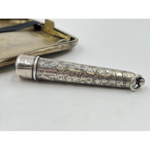 2280 - Three pieces of hallmarked Birmingham silver, two cheroot holders and one George V Constantine & Flo... 