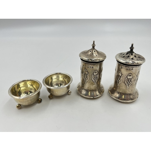 2314 - Four pieces of hallmarked sterling silver, two Victorian Birmingham salt cellars, dated 1886 and two... 