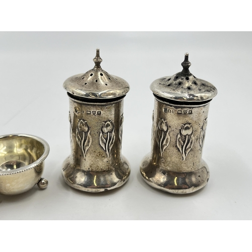 2314 - Four pieces of hallmarked sterling silver, two Victorian Birmingham salt cellars, dated 1886 and two... 