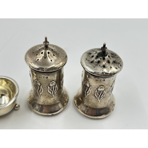 2314 - Four pieces of hallmarked sterling silver, two Victorian Birmingham salt cellars, dated 1886 and two... 