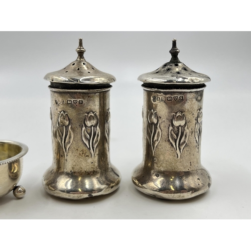 2314 - Four pieces of hallmarked sterling silver, two Victorian Birmingham salt cellars, dated 1886 and two... 