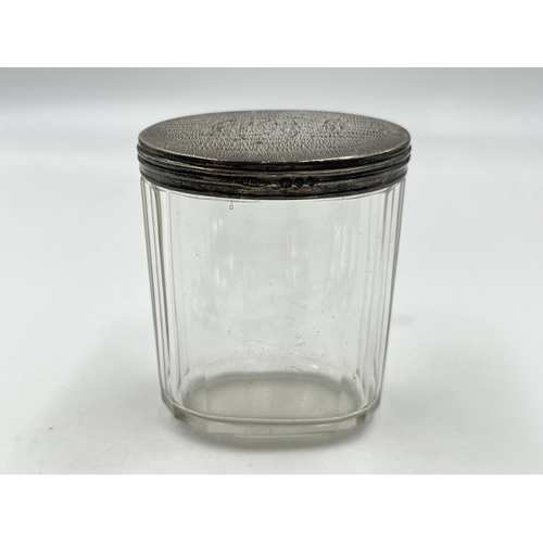 2325 - Six pieces of hallmarked sterling silver to include London silver topped glass vanity jar, Georgian ... 