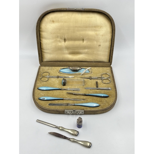 2327 - Four hallmarked sterling silver vanity items to include travel set with enamel decoration etc. - app... 