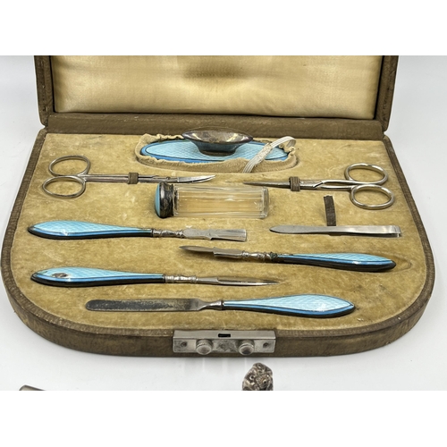 2327 - Four hallmarked sterling silver vanity items to include travel set with enamel decoration etc. - app... 