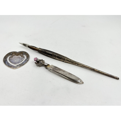 2332 - Three hallmarked sterling silver desk accessories, two bookmarks and one dip pen - approx. gross wei... 