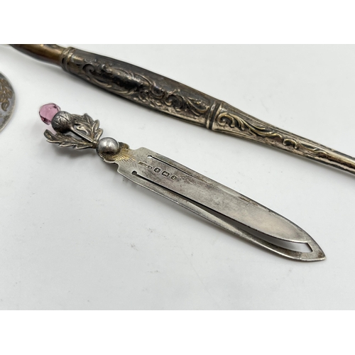 2332 - Three hallmarked sterling silver desk accessories, two bookmarks and one dip pen - approx. gross wei... 