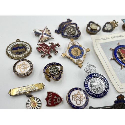 2351 - A collection of base metal and enamel pin badges to include British Legion, Civil Defence Corps etc.