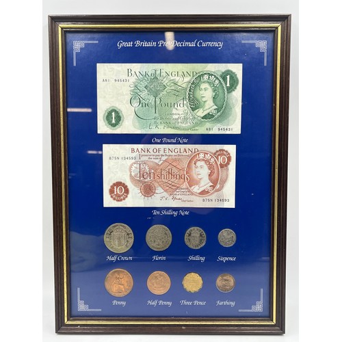 2383 - A framed pre-decimal currency set comprising £1 note, ten shilling note and half-crown, florin, shil... 