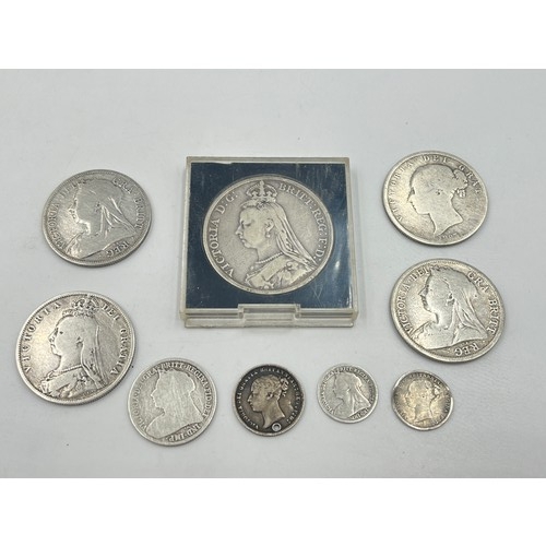2375 - Nine 92.5% silver Victorian coins to include 1888 crown, four half crowns, sixpence (drilled) etc.