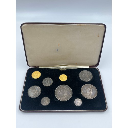 2391 - An 1887 Queen Victoria nine coin specimen set comprising 22ct gold full sovereign, 22ct gold half so... 