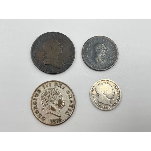 2372 - Four George III coins, one 92.5% silver 1816 shilling, one 1815 Ceylon two stivers, one believed pat... 