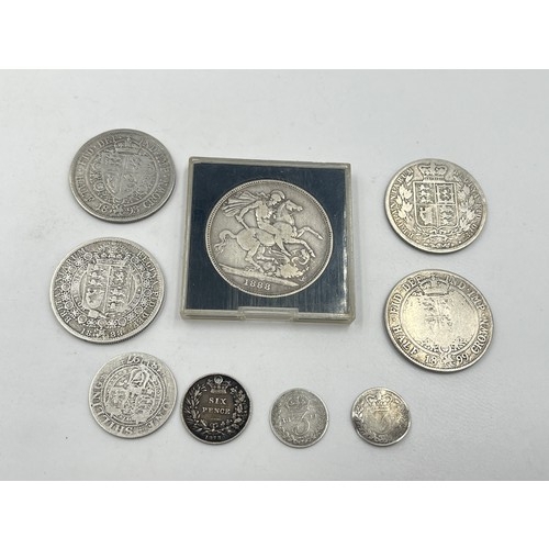 2375 - Nine 92.5% silver Victorian coins to include 1888 crown, four half crowns, sixpence (drilled) etc.