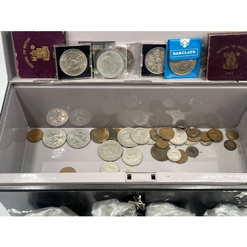 2377 - A vintage deed box containing a collection of British coins and banknotes to include late 1950s ten ... 