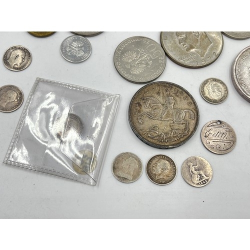 2384 - A collection of tokens, medals and coins with silver examples to include 75% Polish 5 Złotych, two 5... 