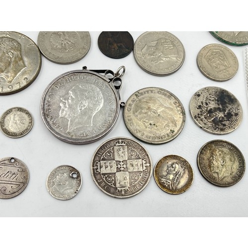 2384 - A collection of tokens, medals and coins with silver examples to include 75% Polish 5 Złotych, two 5... 