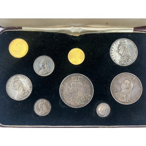 2391 - An 1887 Queen Victoria nine coin specimen set comprising 22ct gold full sovereign, 22ct gold half so... 