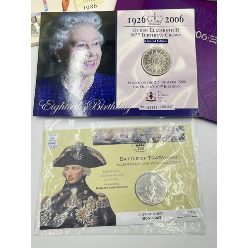 2379 - A collection of packaged coins and banknotes to include 2004, 2005, 2006 £5 first day coin covers, 9... 