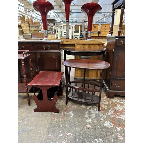 50 - Seven pieces of mahogany furniture to include sideboard, half moon console table, side tables etc.