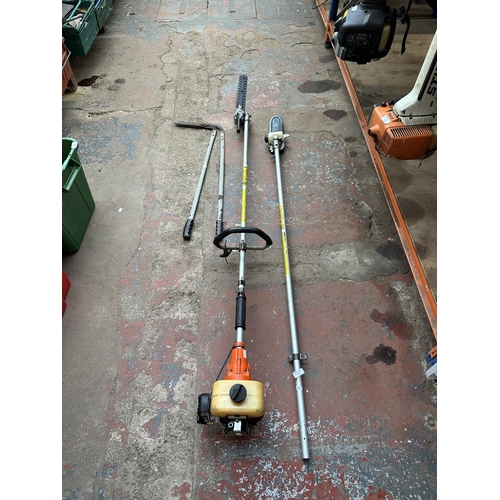 A Stihl 14744650 petrol multitool with chainsaw and hedge cutting