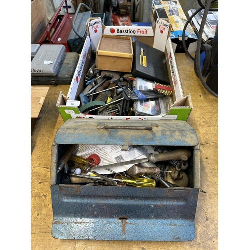 818 - A collection of tools to include vintage metal toolbox, heavy duty spanners and sockets, allen keys,... 