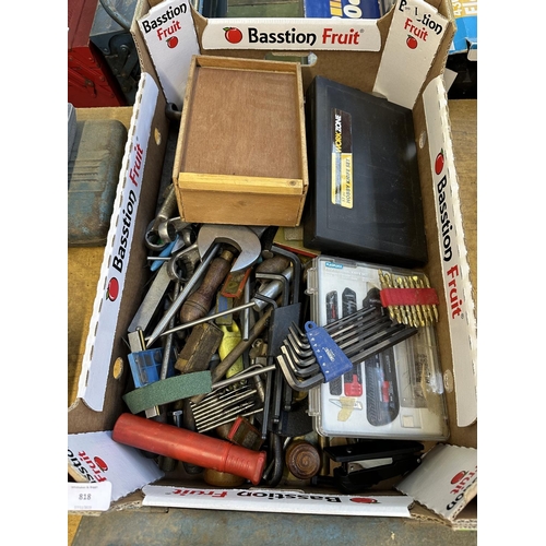 818 - A collection of tools to include vintage metal toolbox, heavy duty spanners and sockets, allen keys,... 