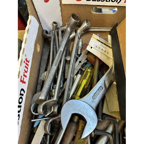 818 - A collection of tools to include vintage metal toolbox, heavy duty spanners and sockets, allen keys,... 