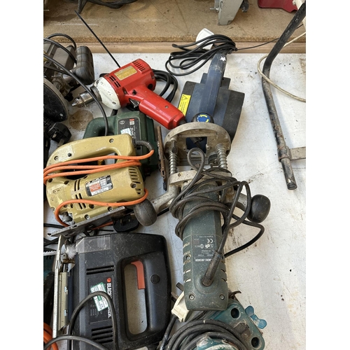 835 - Ten 240v power tools to include three plunge routers, four sanders, two scroll saws etc.