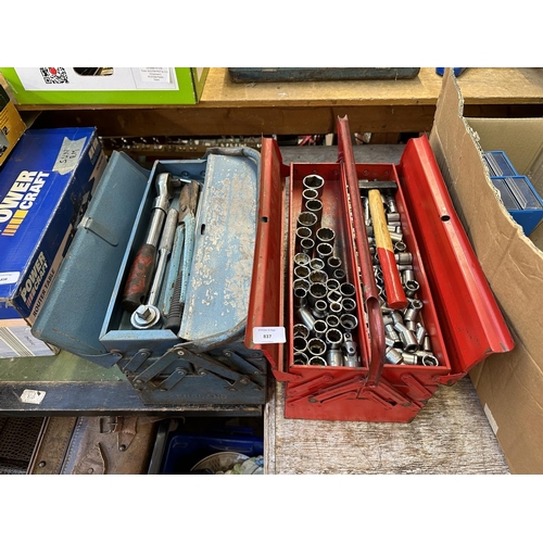 837 - Two vintage metal cantilever toolboxes containing King Dick spanners, sockets, allen keys etc.