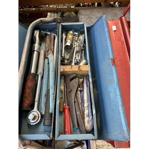 837 - Two vintage metal cantilever toolboxes containing King Dick spanners, sockets, allen keys etc.