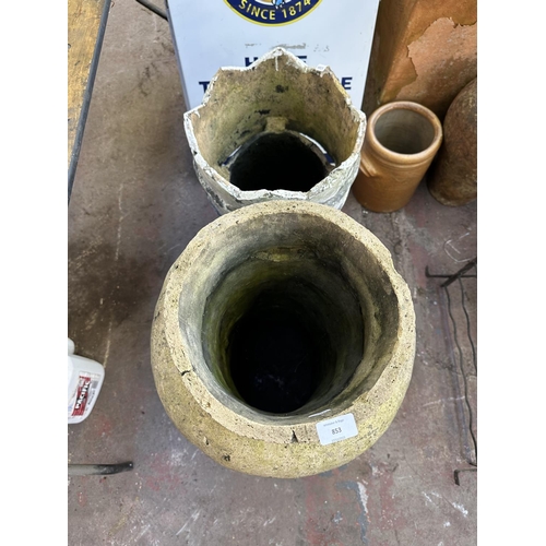 853 - Two 19th century cast stone chimney pot planters - largest approx. 90cm high