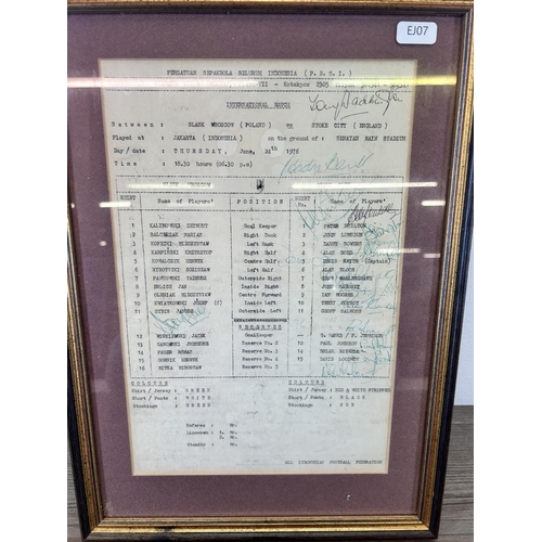 507 - A framed 1976 team sheet detailing a match between Stoke City and Slask Wroscow featuring the signat... 