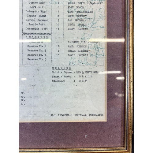 507 - A framed 1976 team sheet detailing a match between Stoke City and Slask Wroscow featuring the signat... 