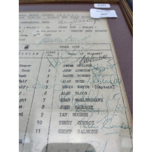 507 - A framed 1976 team sheet detailing a match between Stoke City and Slask Wroscow featuring the signat... 